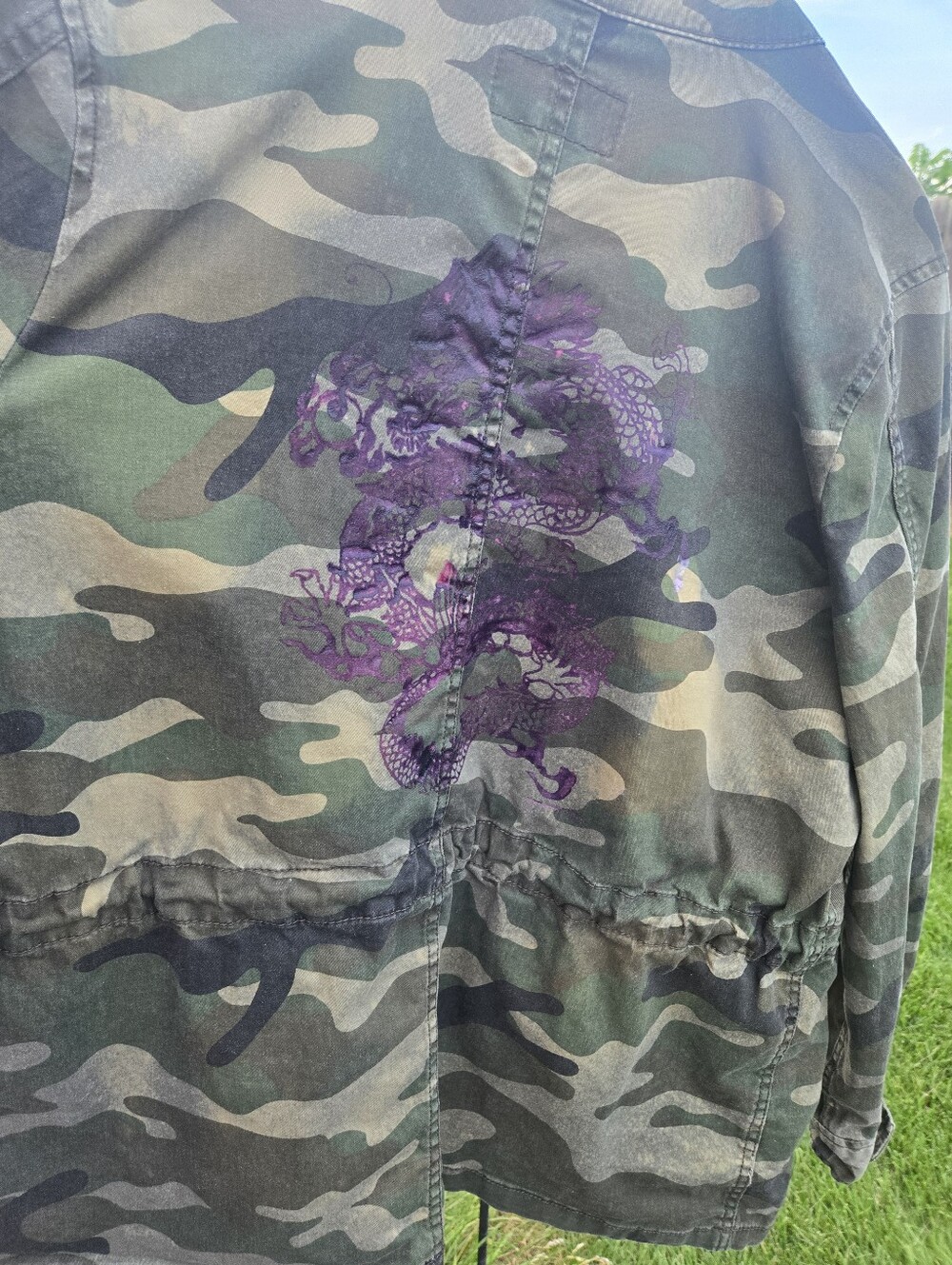“Camouflage Dragon Jacket – Boho Streetwear Statement Piece, Artistic Upcycled - Picture 8 of 11